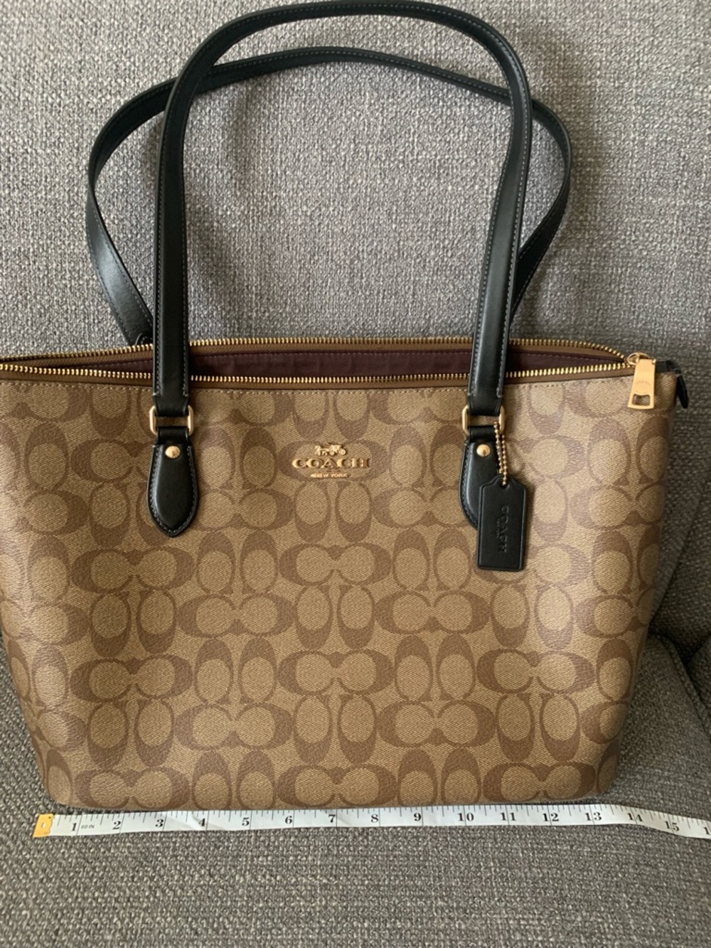 Coach Brown Signature Canvas Tote with Black Trim and Gold Hardware